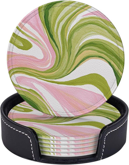 Watercolor Light Pink Green Swirl Marble Premium Leather Coasters, Set of 6 with Holder, Stylish Beverage Coasters for Kitchen Coffee Bar