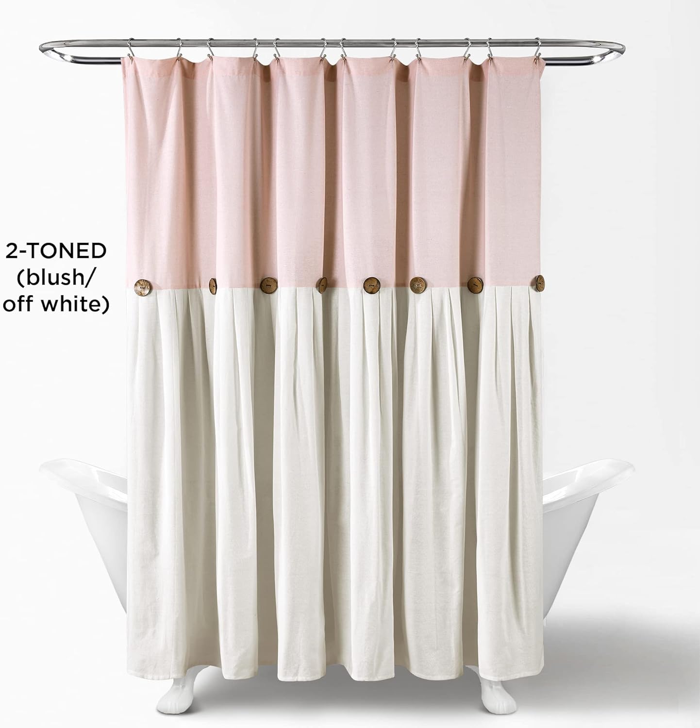 Lush Decor Linen Button Shower Curtain, 72" W x 72" L, Blush & Off White - Pink Bathroom Curtain - Fabric Shower Curtains - Farmhouse Bathroom Decor