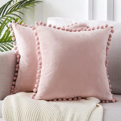 Topfinel Blush Pink Decorative Throw Pillow Covers for Couch Bed 20x20 Soft Velvet Pillow Coveres Set of 2 Cute Square Cushion Covers with Pom-poms for Bedroom Livingroom Aesthetic Home Decor