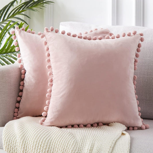 Topfinel Blush Pink Decorative Throw Pillow Covers for Couch Bed 20x20 Soft Velvet Pillow Coveres Set of 2 Cute Square Cushion Covers with Pom-poms for Bedroom Livingroom Aesthetic Home Decor