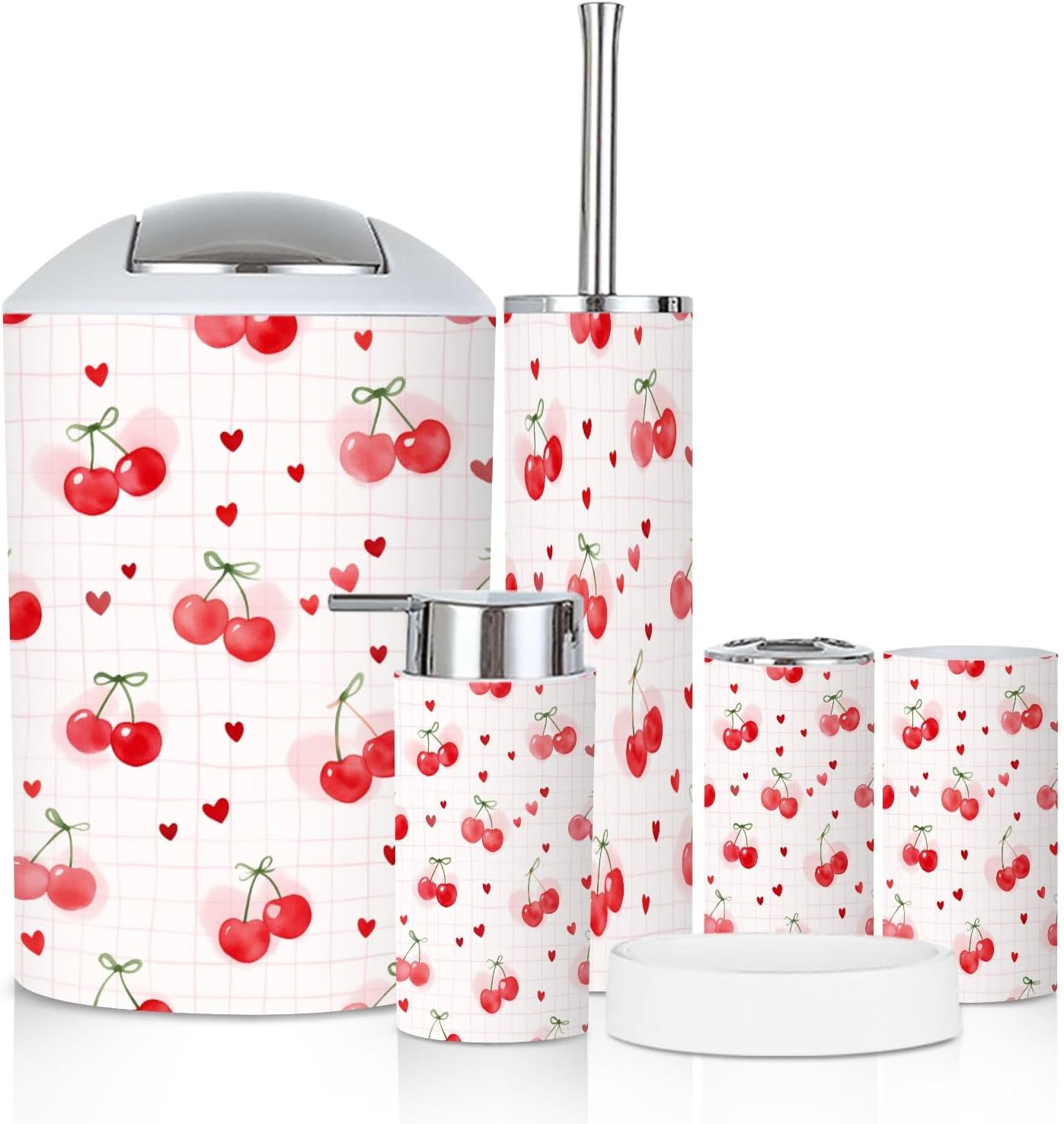 Bathroom Accessory Set 6PCS Cherries Heart Soft Pink Trash Can, Soap Dispenser, Toothbrush Holder, Toothbrush Cup, Toilet Brush Holder, Soap Dish for Gifts
