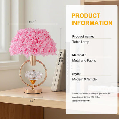 ZYLEISENBAO Modern Pink Flower Table Lamp with Crystal 17IN Romantic Bedside Lamp Princess Rose Flower Desk Nightstand Light for Girl Bedroom Living Room Entrytable Birthday Valentines Gift