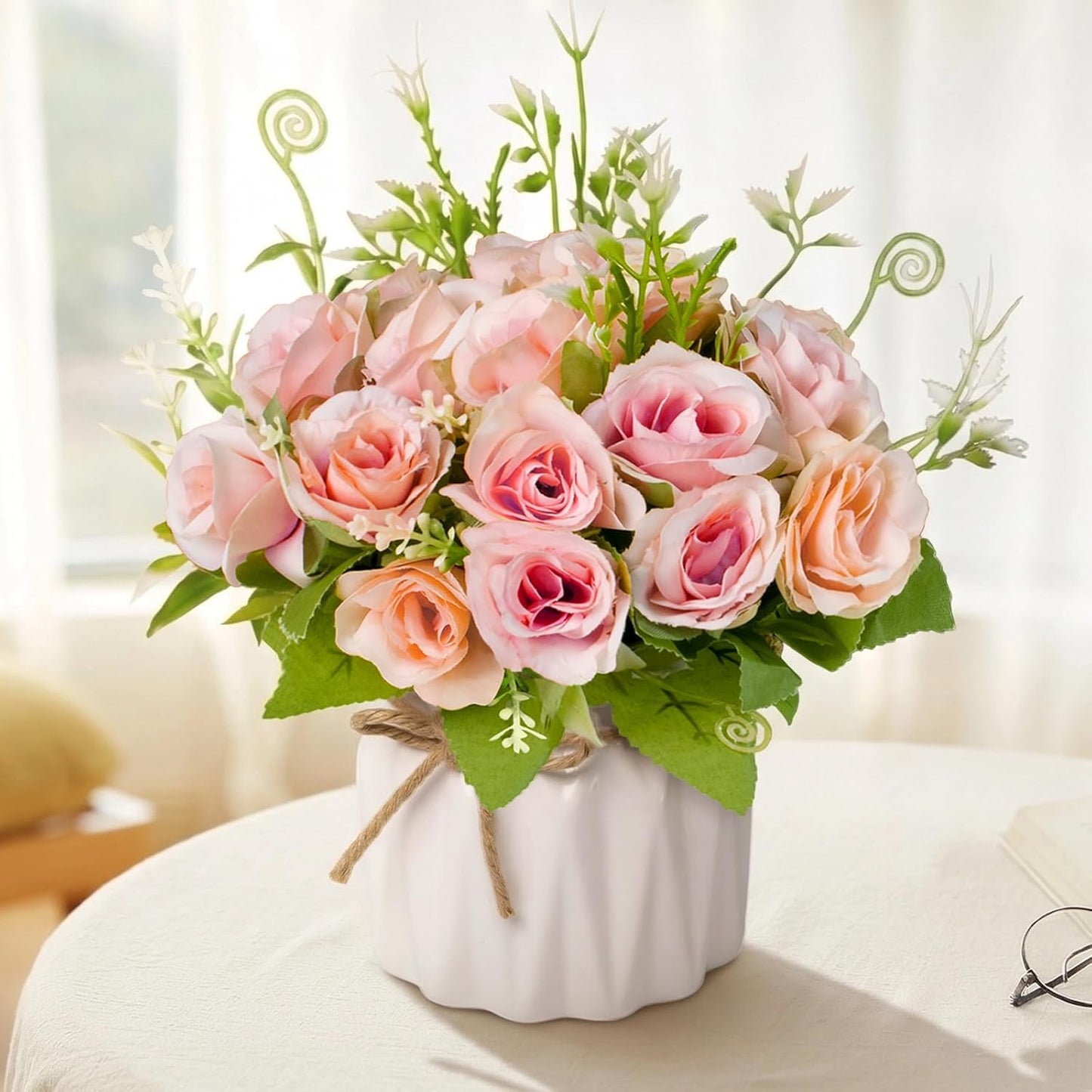 Pink Artificial Roses with Ceramic Vase, No Maintenance Fake Flowers for Table Decor, Realistic Silk Rose Bouquet for Home Office Wedding Gift