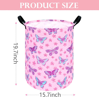 Round Butterfly Pattern Laundry Hamper Storage Basket Fabric Material Storage Hamper Organization Basket, Storage Bin, Gift Box with Handles for Room