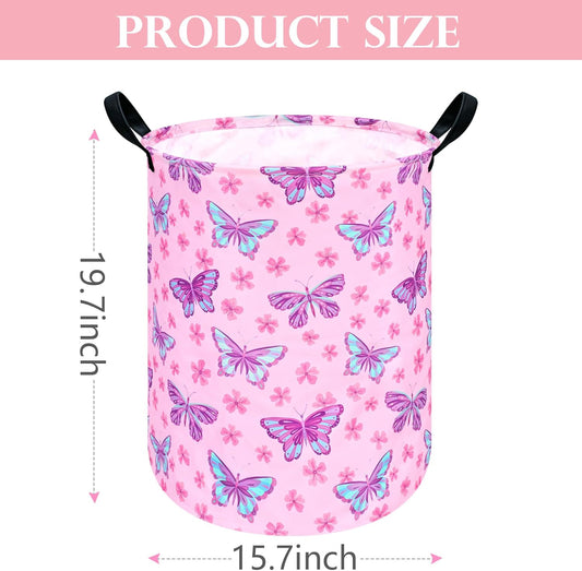 Round Butterfly Pattern Laundry Hamper Storage Basket Fabric Material Storage Hamper Organization Basket, Storage Bin, Gift Box with Handles for Room