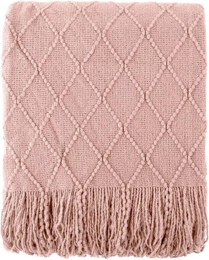 BATTILO HOME Blush Throw Blanket with Tassels, Pink Knit Blanket for Home Decor, Boho Style Textured Knitted Decorative Twin Blanket for Couch, Sofa &Bed, 52"x80"