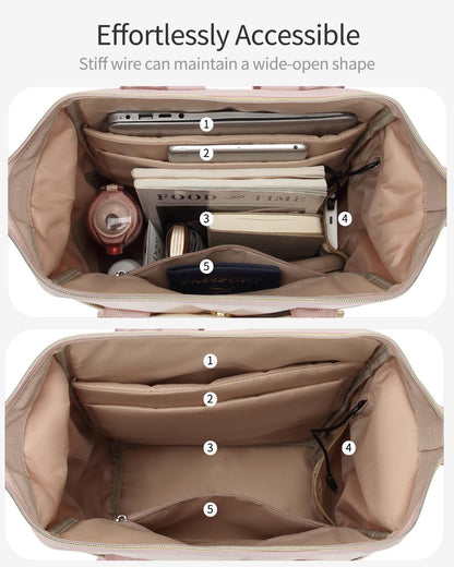 Large Bookbag for Women Laptop Backpack, Teacher Nurse Work Computer Bags with Cup Holder & USB Charger for Travel, School Bag College Back Pack for Girls, Beige Pink