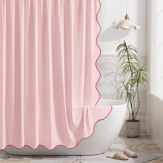 Bathway Pink Scalloped Shower Curtain with 12 Metal Hooks, Cute Heavy Duty Washable Curtains for Bathroom Hotel Bathtub, Water Repellent, 72 x 72 Inches