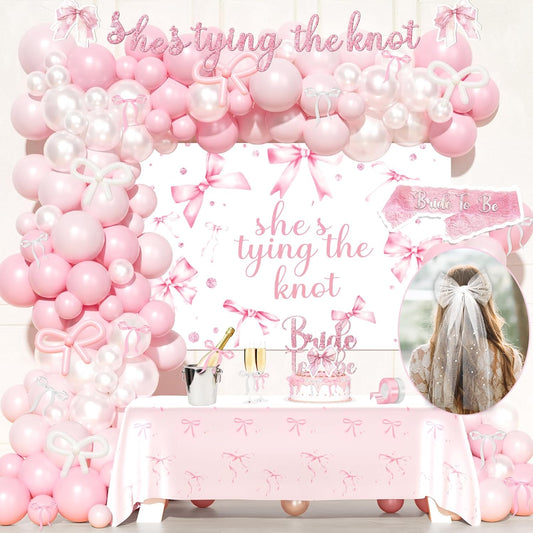 Party Inspo Shes Tying The Knot Bridal Shower Decorations – 108 PCs Pink Bow Party Supplies with Backdrop, Banner, Balloon Garland, Tablecloth, Cake Topper, Sash, Ribbon, Veil