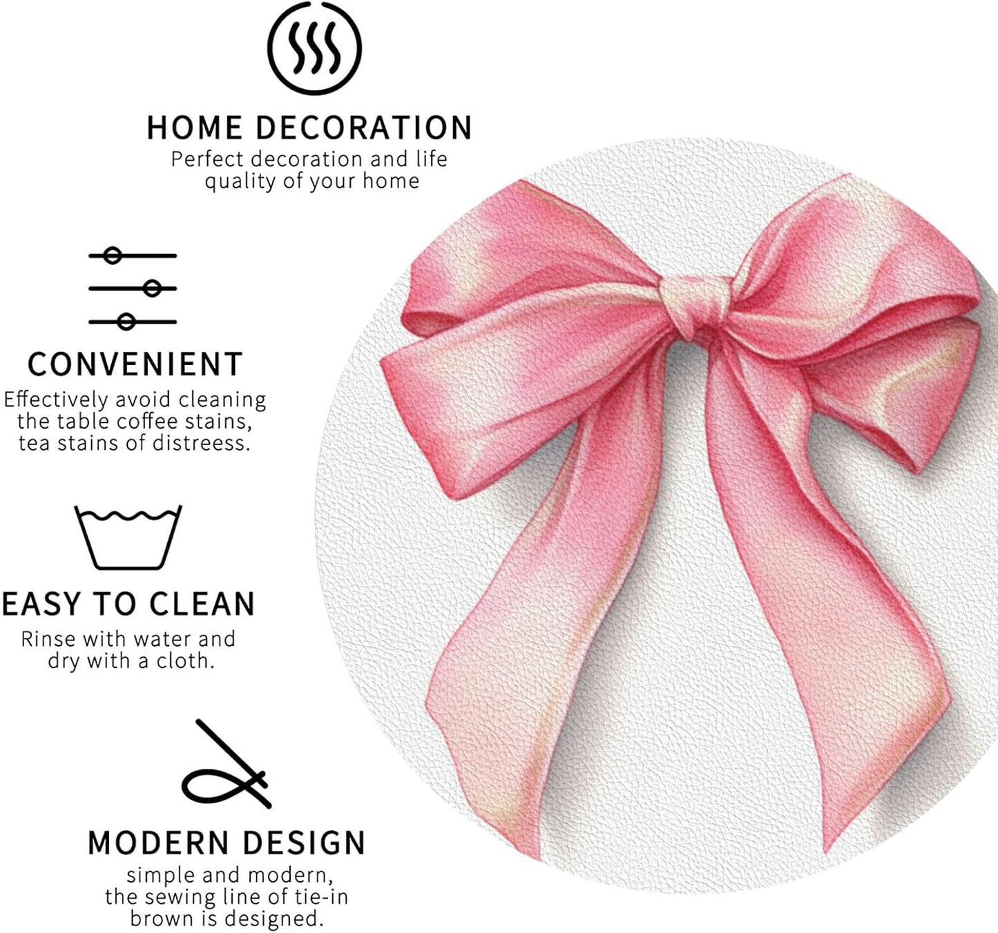 Watercolor Light Pastel Pink Ribbon Bow Drinks Coasters Set of 4 Leather Drink Coasters for Tabletop Protection Heat Resistant Bar Cup Mat Pad