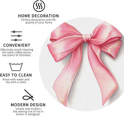 Watercolor Light Pastel Pink Ribbon Bow Drinks Coasters Set of 4 Leather Drink Coasters for Tabletop Protection Heat Resistant Bar Cup Mat Pad