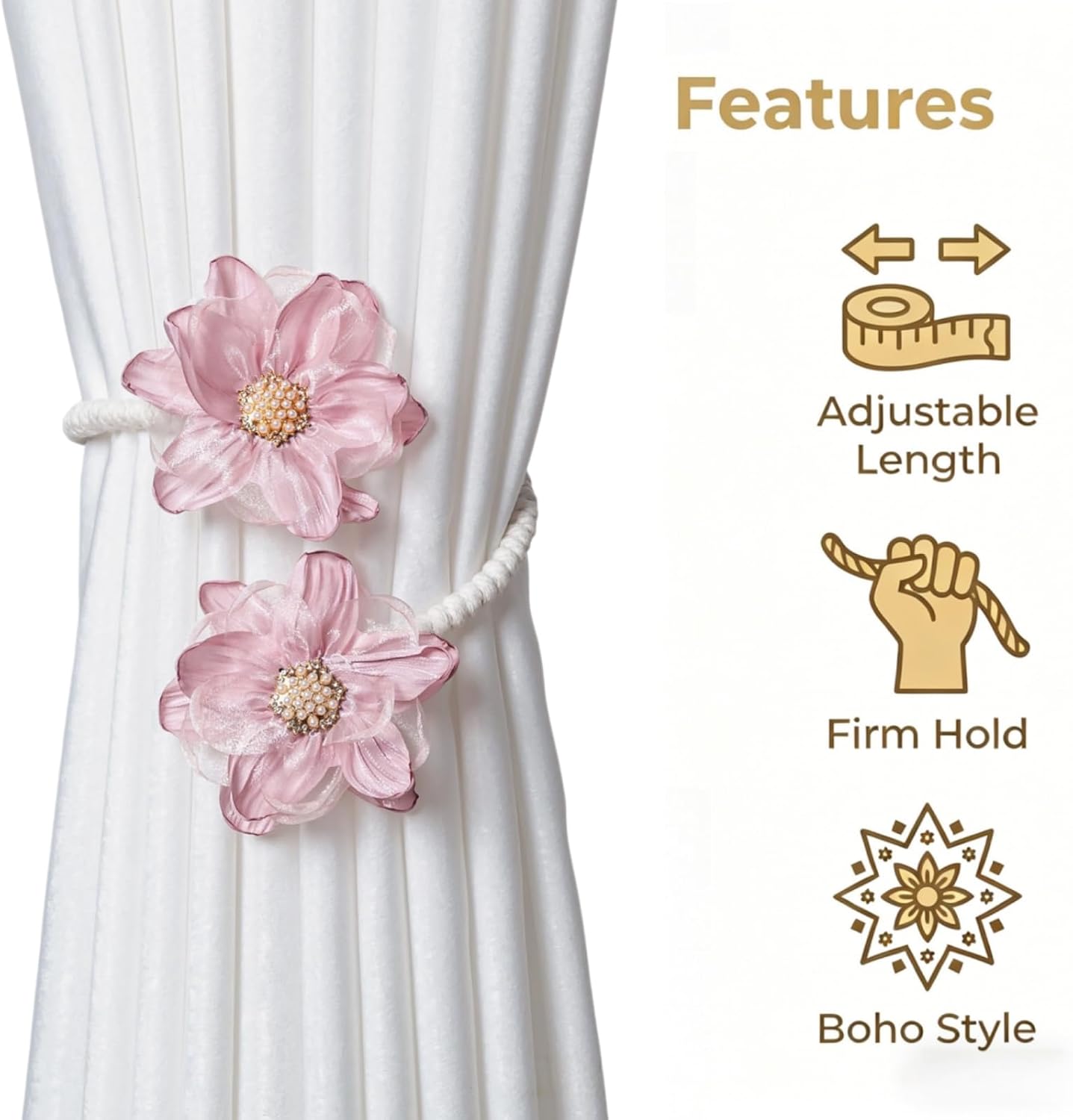 2 Pack Boho Flower Curtain Tiebacks, Sunflower Curtain Ties Decorative Rope No Drill Curtain Holdback for Bedroom Window Treatment, Home & Office Decor, Pink