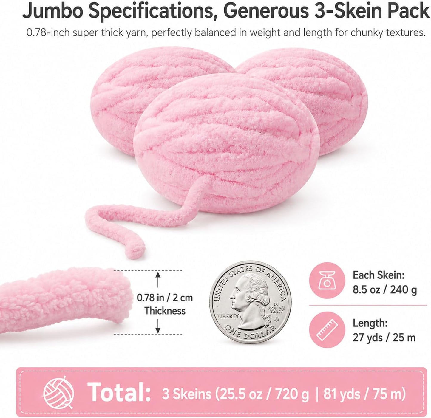 3 Pack Chunky Chenille Yarn for Hand Knitting, Jumbo Thick Yarn for Crocheting, Super Bulky Soft Knit Blanket Yarn, 27 Yards 8.5 oz per Skein, Light Pink