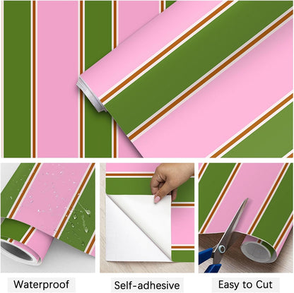 Stripe Wallpaper Mural Pink and Green Peel and Stick Wallpaper Retro Pastel Self-Adhesive Wall Paper for Girl Room Temporary Removable Contact Paper for Cabinets and Drawer 17.7" x 118"