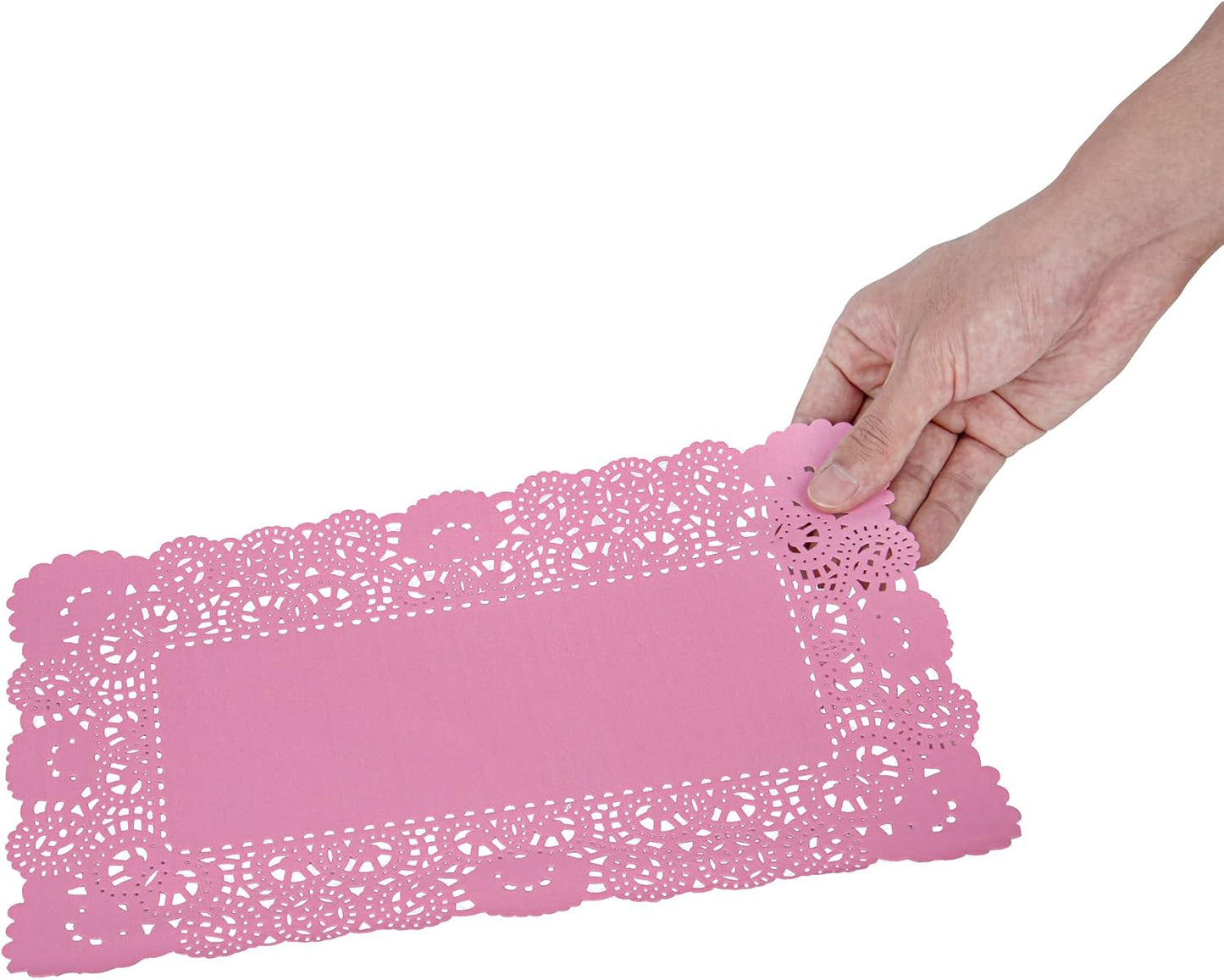 Restaurantware-Pastry Tek 12 x 7 Inch Paper Lace Doilies, 100 Rectangle Disposable Table Doilies - Elegant Lace Finish, Long Lasting, Pink Paper Lace Doilies, for Pastries, Cupcakes, Desserts