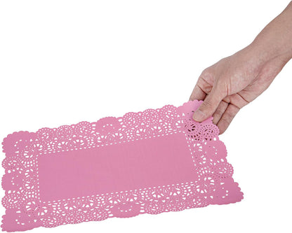 Restaurantware-Pastry Tek 12 x 7 Inch Paper Lace Doilies, 100 Rectangle Disposable Table Doilies - Elegant Lace Finish, Long Lasting, Pink Paper Lace Doilies, for Pastries, Cupcakes, Desserts