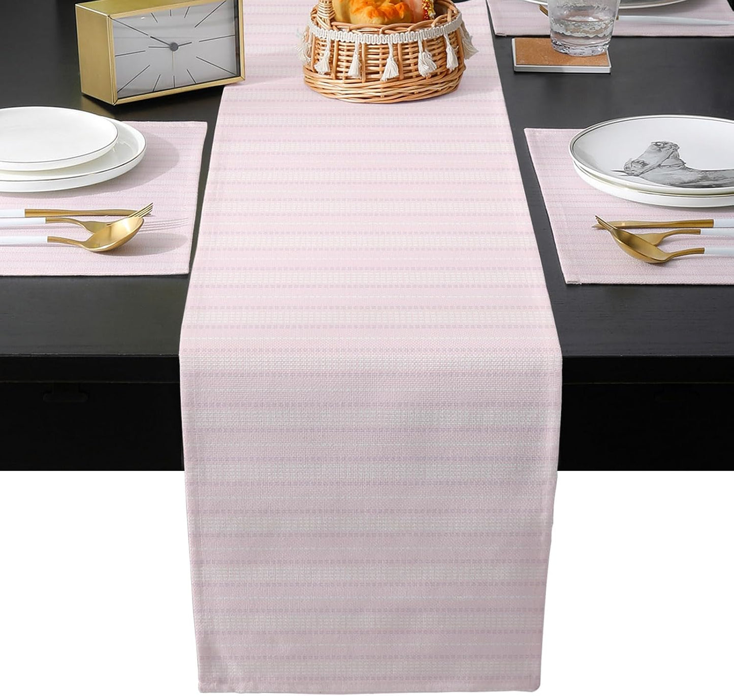 Blush Pink Line Striped Table Runner and Placemats for Dining Table, Burlap Coffee Table Runner 90 Inch Long Farmhouse Pink Stripes Washable Table Mats for Kitchen Party Farmhouse Placemats Set of 6