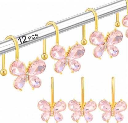 Shower Curtain Hooks,12Pcs Rust Resistant Glitter Crystal Butterfly Metal Decorative Shower Rings Hangers for Bathroom Curtains, Clothing, Towels (Pink)