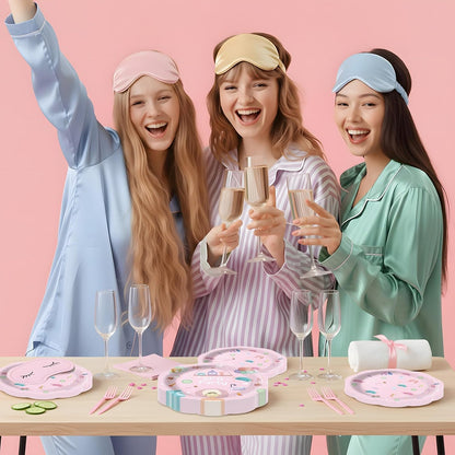 96Pcs Girls Spa Decorations Pink Sleepover Pajama Disposable Paper Plates Napkins Slumber Spa Birthday Tableware Set for 24 Guests Girls Makeup Birthday Pink Sleepover Party Supplies Favors