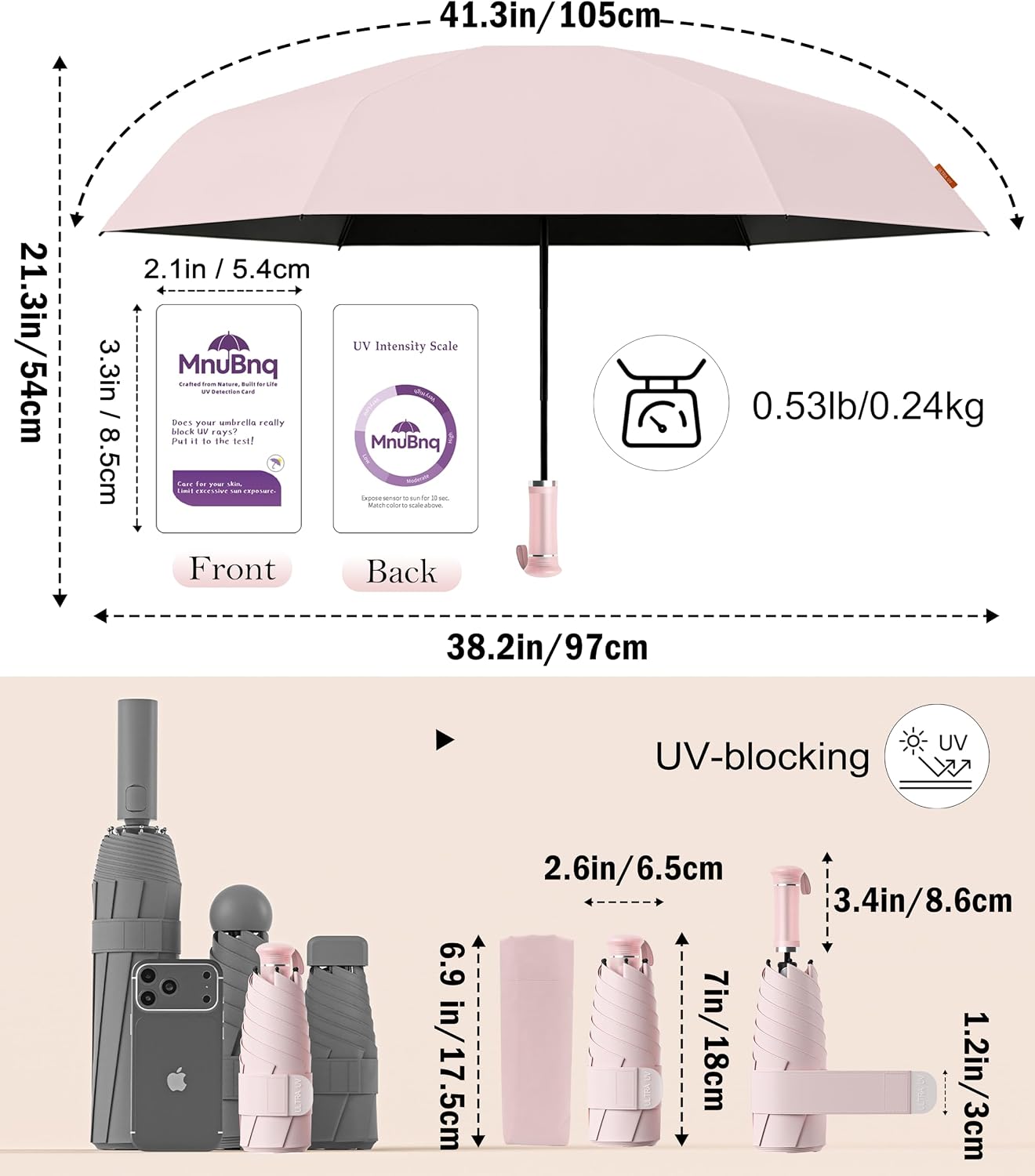 Umbrella with Hidden Handle 41/47 Inch UPF 50+ UV Protection Large Travel Essentials Umbrellas Pocket Manual Open Close Sun Blocking Umbrella for Women Kids and Men Fits Purse Backpack
