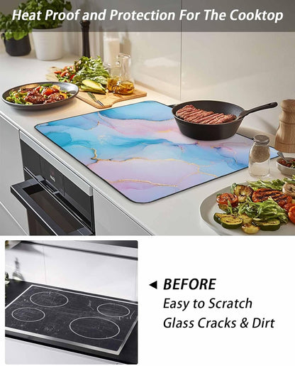 Light Pink Blue Marble Stove Top Cover for Electric Stove Modern Art Abstract Gold Texture Ombre Heat Insulation Stove Mat for Glass Top Flat Cooktop Countertop Protector Dish Drying Mat 28.5"x20.5"