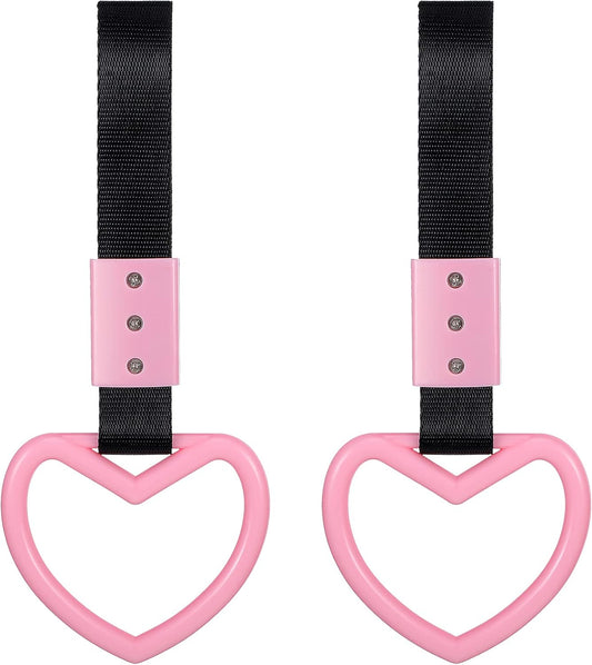 BBTO 2 Pieces Heart Shaped Car Handle Straps Drift Charm Rear Bumper Warning Ring Decor Subway Bus Broken Heart Handle for Car Interior(Light Pink)
