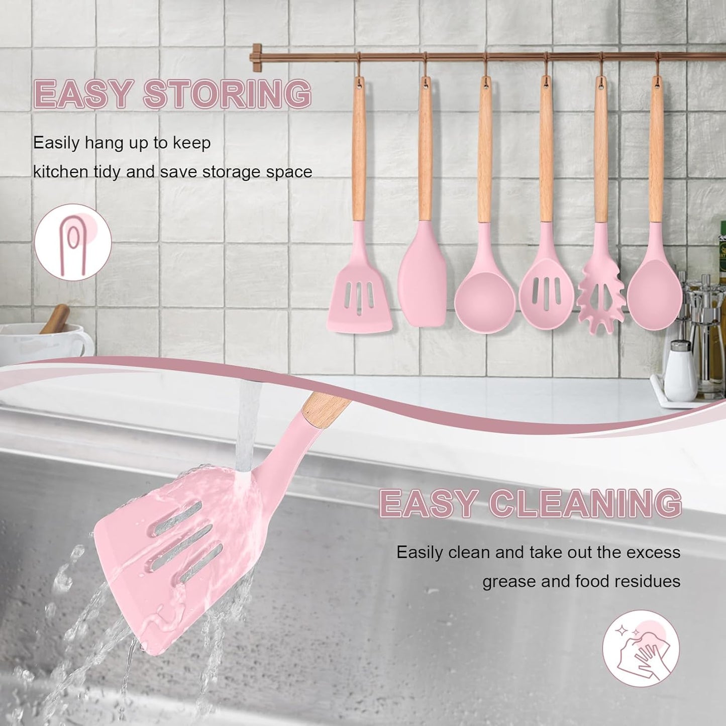 P&P CHEF Cooking Utensils Set, 6 PCS Kitchen Utensils with Wooden Handle, Silicone Spatula for Nonstick Cookware, Easy Clean & Non-toxic, Pink