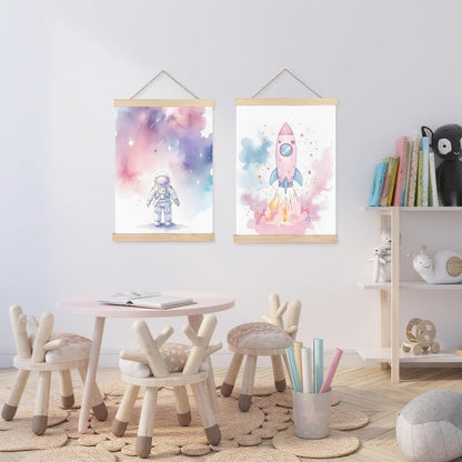 FDHSPAAM Pink Space Wall Art Decor, Space Nursery Decor, Pastel Cosmic Astronaut Star Rocket Wall Art Posters for Girls Bedroom Nursery Playroom, 12x16 Inch Set of 2