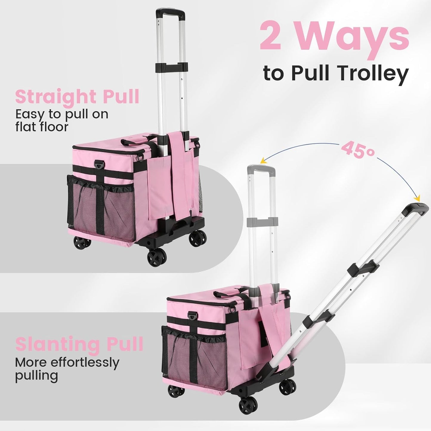 Housolution Extra Large Rolling Cleaning Caddy Bag with Detachable Trolley, Upgraded 360° Free Rotating with 5 Wheels and Dust-Proof Lid, Professional Cleaning Supplies Bag for Housekeepers, Pink