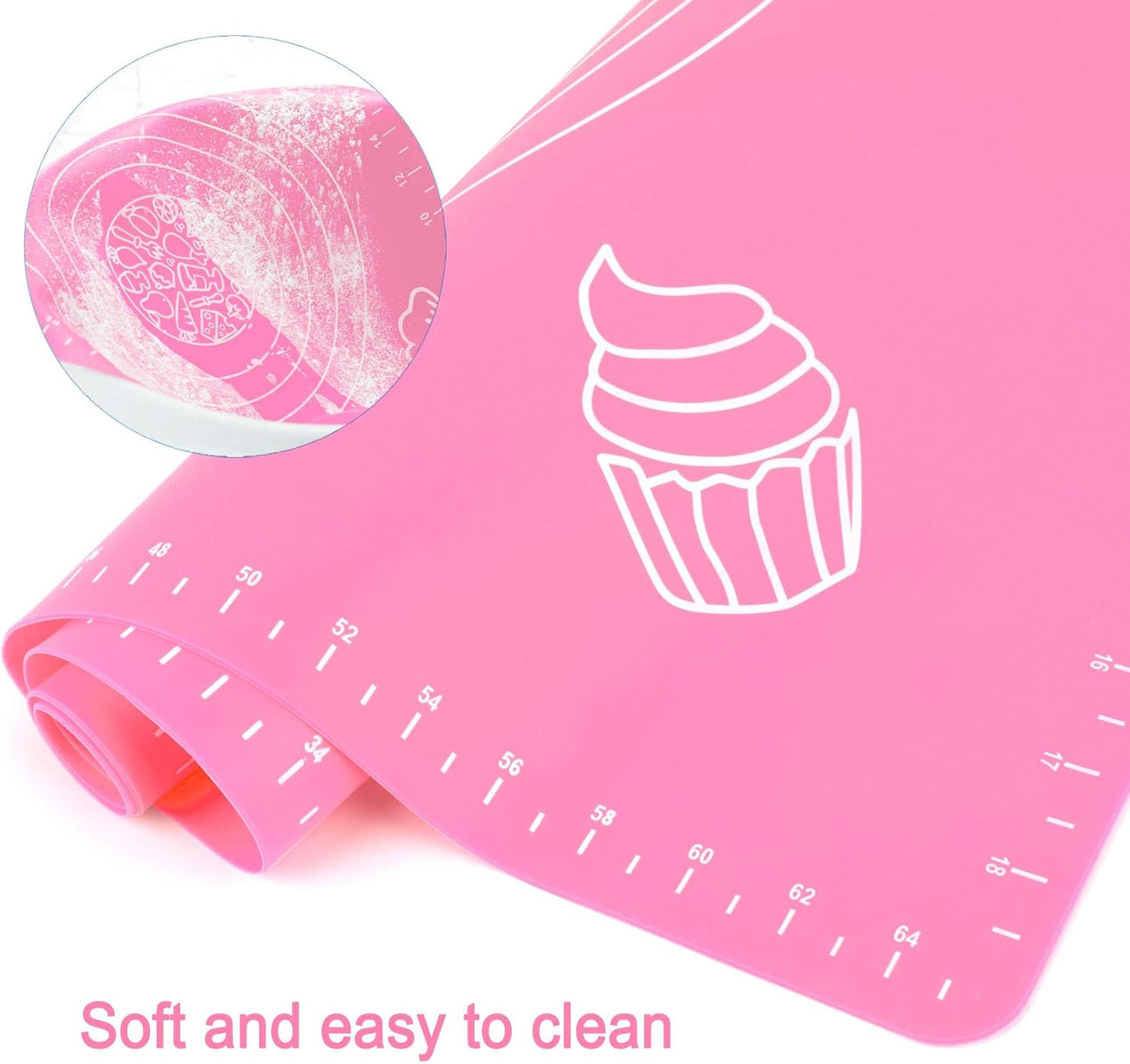 Silicone Pink 70x50cm Baking Mat Sheet Pastry Mat with Measurement, Non-Slip Pastry Rolling Mat, Non-Stick Dough Kneading Board Mat, Bread Fondant Mat, Cooking Bakeware Mat Table Placemat(Scraper)