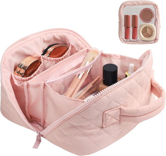 Travel Makeup Bag for Women, Puffer Quilted Open Flat Makeup Organizer with Toiletry Bag, Portable Cosmetic Case for Travel & Daily Use，Pink