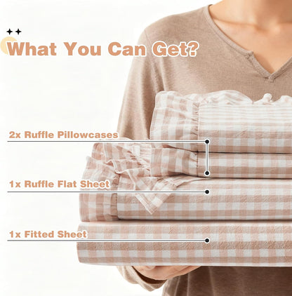 Ruffle Gingham Full Sheet Set - 4 Piece Light Pink Plaid Cotton Bed Sheets Full Size - 16 Inch Deep Pocket Checkered Ruffled Sheets Farmhouse Decor - Linen-Feel & Breathable