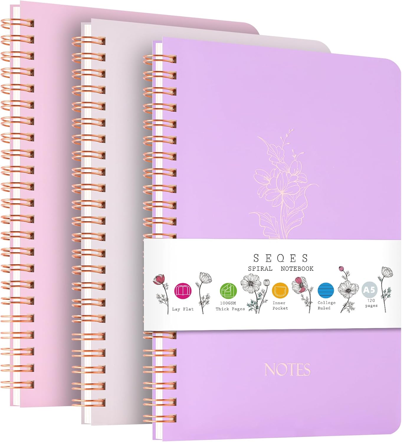 Spiral Notebook 3 Pack - 100GSM Smooth No-Bleed Paper,120 Pages A5 8.26x5.7 Inch, 7mm Ruled Pages, Inner Pocket | Journal Writing, College, Office Meetings (PINK AND PURPLE AND BEIGE)