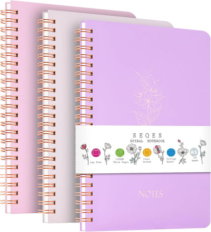 Spiral Notebook 3 Pack - 100GSM Smooth No-Bleed Paper,120 Pages A5 8.26x5.7 Inch, 7mm Ruled Pages, Inner Pocket | Journal Writing, College, Office Meetings (PINK AND PURPLE AND BEIGE)