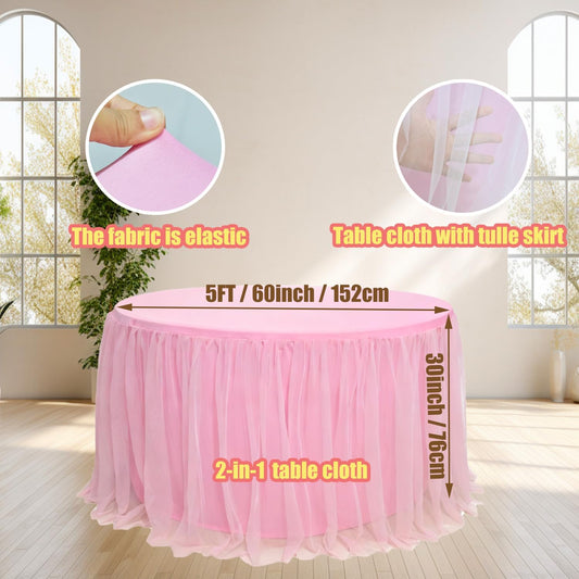 60-Inch Pink 2-in-1 Tulle Table Skirt for 5-Foot Round Table – Stretch Spandex Fitted Cover, Light & Elegant with Ruffle, Wrinkle-Resistant – For Wedding, Birthday, Baby Shower & Party Decor（1Pack）