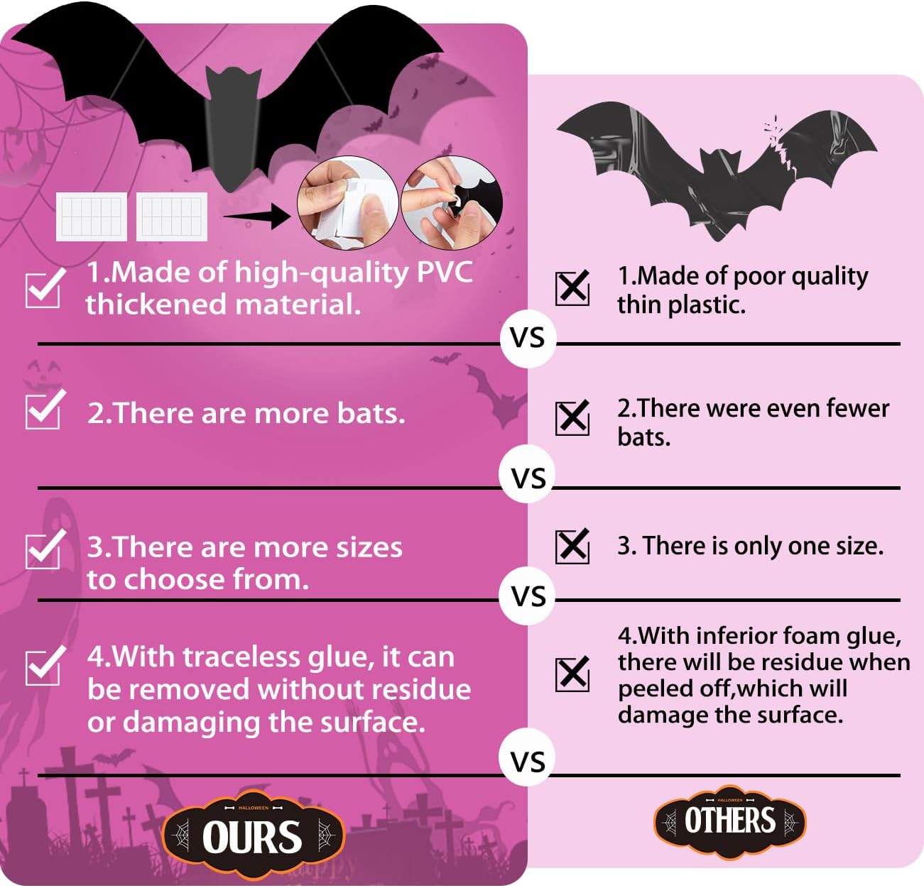 Pink Bats Wall Decal, Blush and Black, 48pcs | 3D Bat Design, PVC Material, DIY, Halloween Theme, Indoor Use