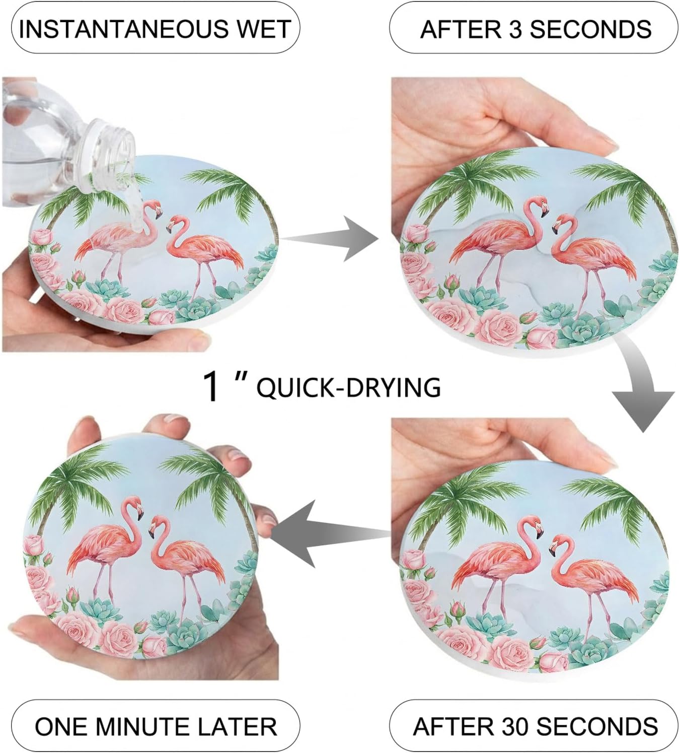 Coaster for Drinks 4 Pack,Coastal Flamingo Pink Rose Absorbent Round Ceramic Stone with Cork Base and Metal Holder,Light Blue Background Cup Mats for Home Dining Coffee Tables