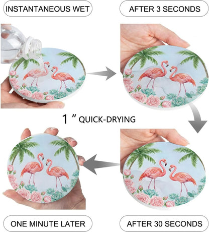Coaster for Drinks 4 Pack,Coastal Flamingo Pink Rose Absorbent Round Ceramic Stone with Cork Base and Metal Holder,Light Blue Background Cup Mats for Home Dining Coffee Tables