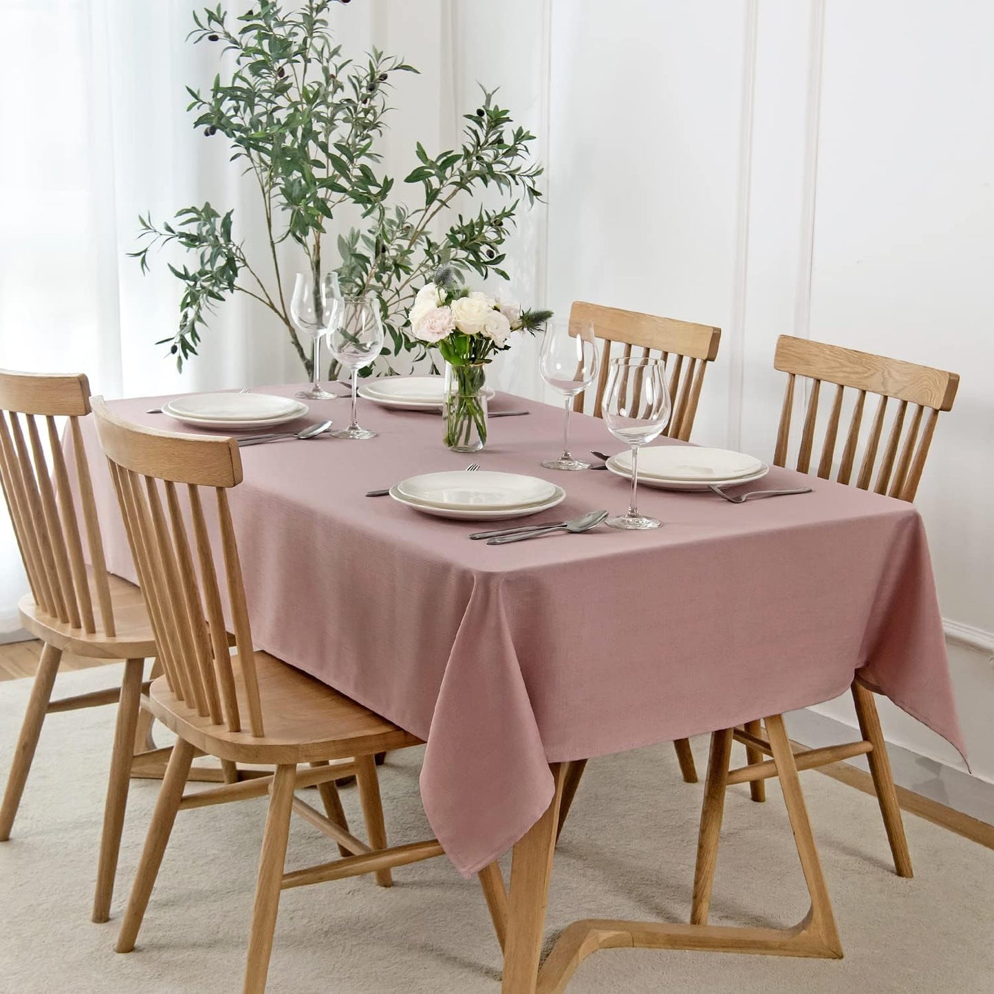 maxmill Faux Linen Textured Rectangle Tablecloth Water Resistant Wrinkle Free Spill-Proof, Soft Table Cloth for Dining Room Decoration, Banquet Parties Event Holiday Dinner, 60 x 84 Inch Dusty Pink