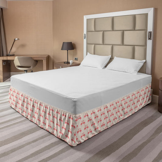 Lunarable Flamingo Bedskirt, Flamingo Couple Heart Shape Polka Dot Background Romantic Design Art, Bedroom Decor Wrap Around Elastic Bed Skirt Gathered Design, King, Cream Pale Pink Peach