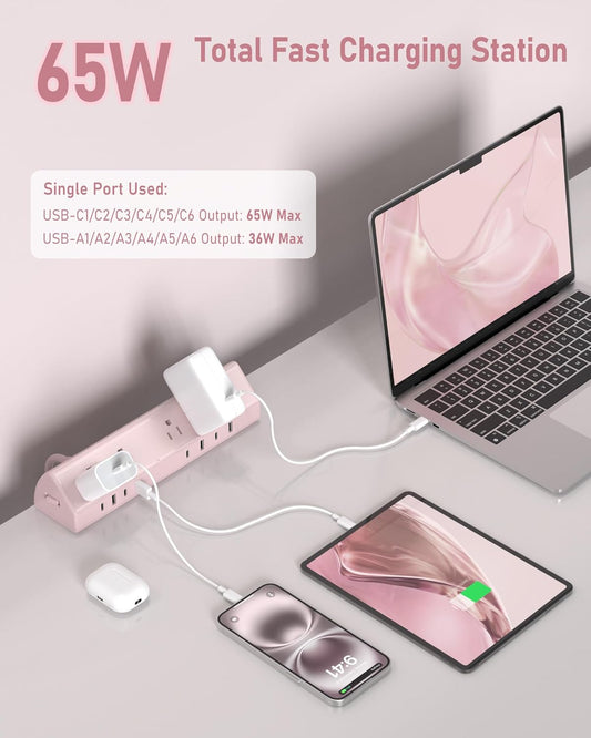 Jgstkcity Desk Clamp Power Strip,65W Fast Charging Station,4 USB-C,4 USB-A,1200J Surge Protector,ETL Listed,1875W Extension Cord,Multiple Outlets for Home, Office (Pink, 6 FT Cable)