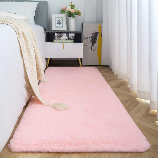 ISEAU Fluffy Runner Rug for Bedroom Dorm, College, Apartment, Plush Area Rugs, Shag Carpet with Rubber Backing Non Slip, Comfy Nursery Mat Bedside Mats for Girls Kids Room Home Decor, 2ft x 6ft, Pink