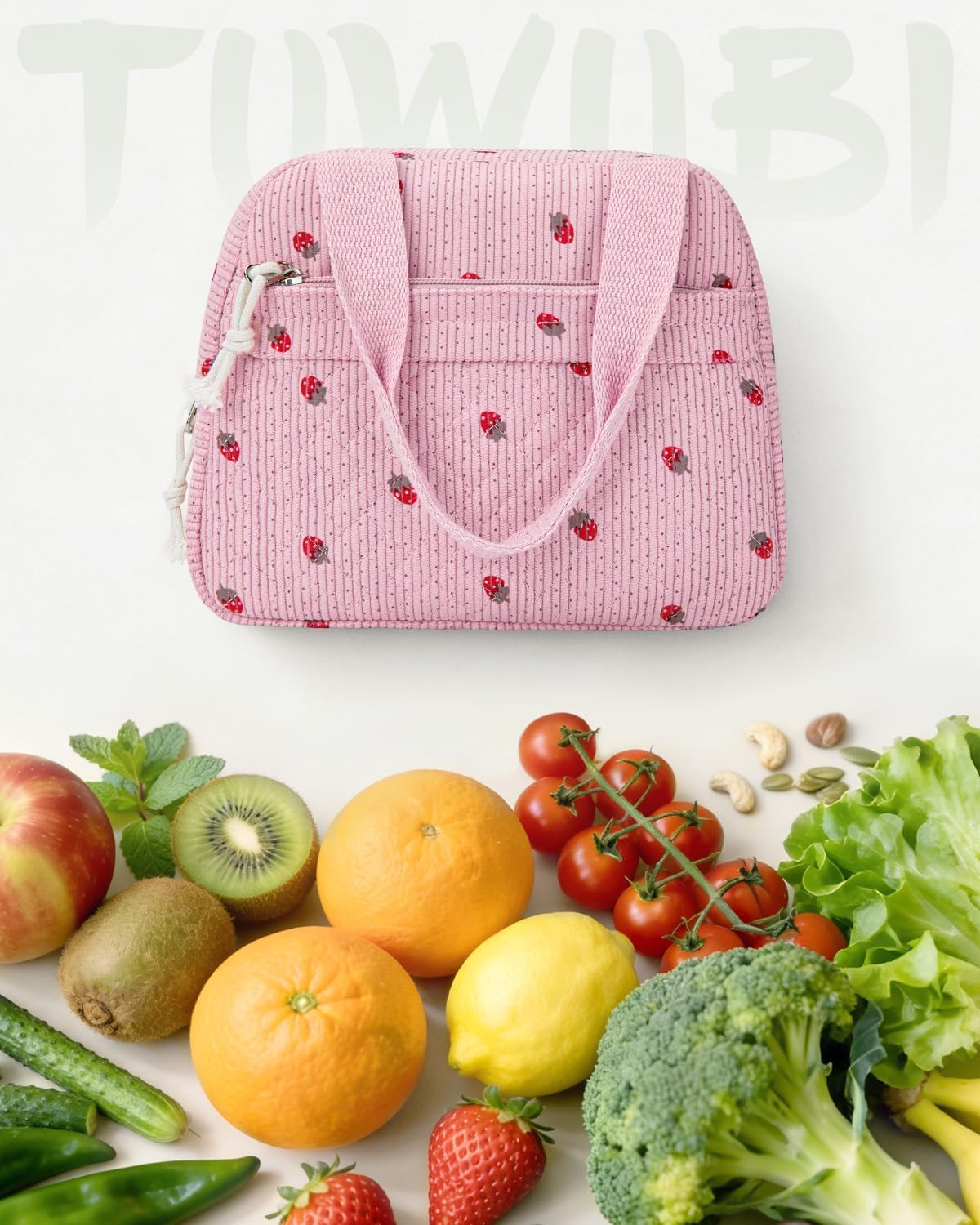 Tuwubi Lunch Box for Women, Cute Corduroy Lunch Bag Insulated Reusable Tote, Water-Resistant Large Capacity Cooler for Work Picnic Travel (M-Pink Strawberry)