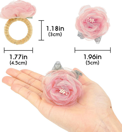 Handcrafted Flower Napkin Rings Set of 6 – Romantic Pink Tulle Rose Napkin Holders for Wedding Table Decor, Tea Parties, Brunches, Holiday Dining Decorations