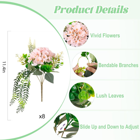 Ammyoo Artificial Hydrangea Flowers Silk Pink Fake Flower with Eucalyptus for Outdoor Decorations UV Resistant Realistic Faux Plants for Garden Porch Window Box Indoor Bathroom Dining Table Decor