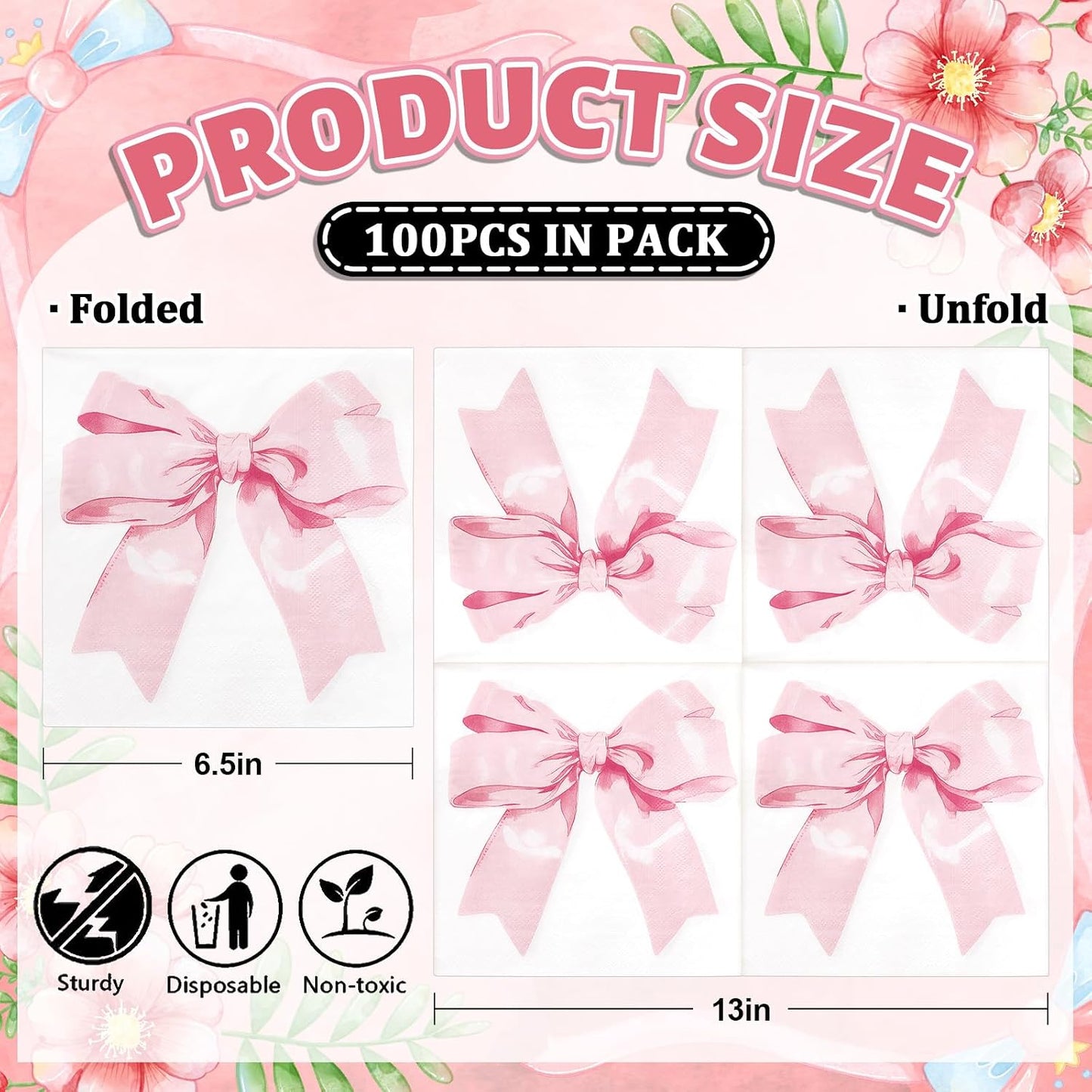 JarThenaAMCS 100Pcs Pink Bow Coquette Paper Napkins Watercolor Ribbon Bowknot Disposable Luncheon Dinner Napkins For Birthday Baby Shower Bachelorette Party Table Supplies