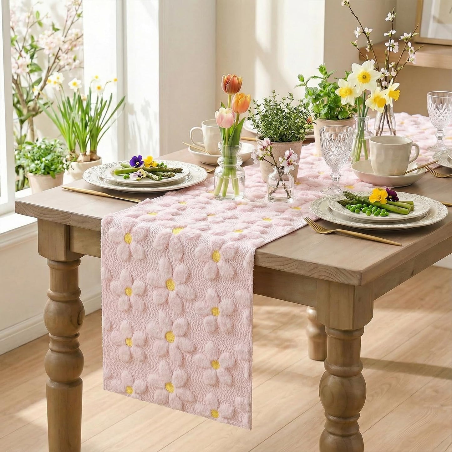Artoid Mode Pink Soft Plush Faux Fur Jacquard Embroidery Daisy Spring Table Runner, Kitchen Dining Table Decoration for Home Party Decor 13x72 Inch
