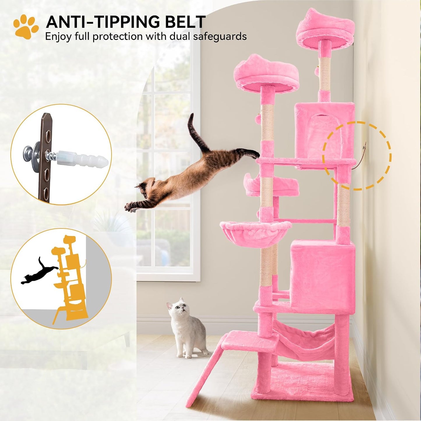 YITAHOME 75-Inch Tall Cat Tree Indoor: Multi-Level Kitten Tower with Kitty Condos, Top Perches, Sisal Ramp, Scratching Posts & Cozy Basket Hammocks Pet Play House Pink
