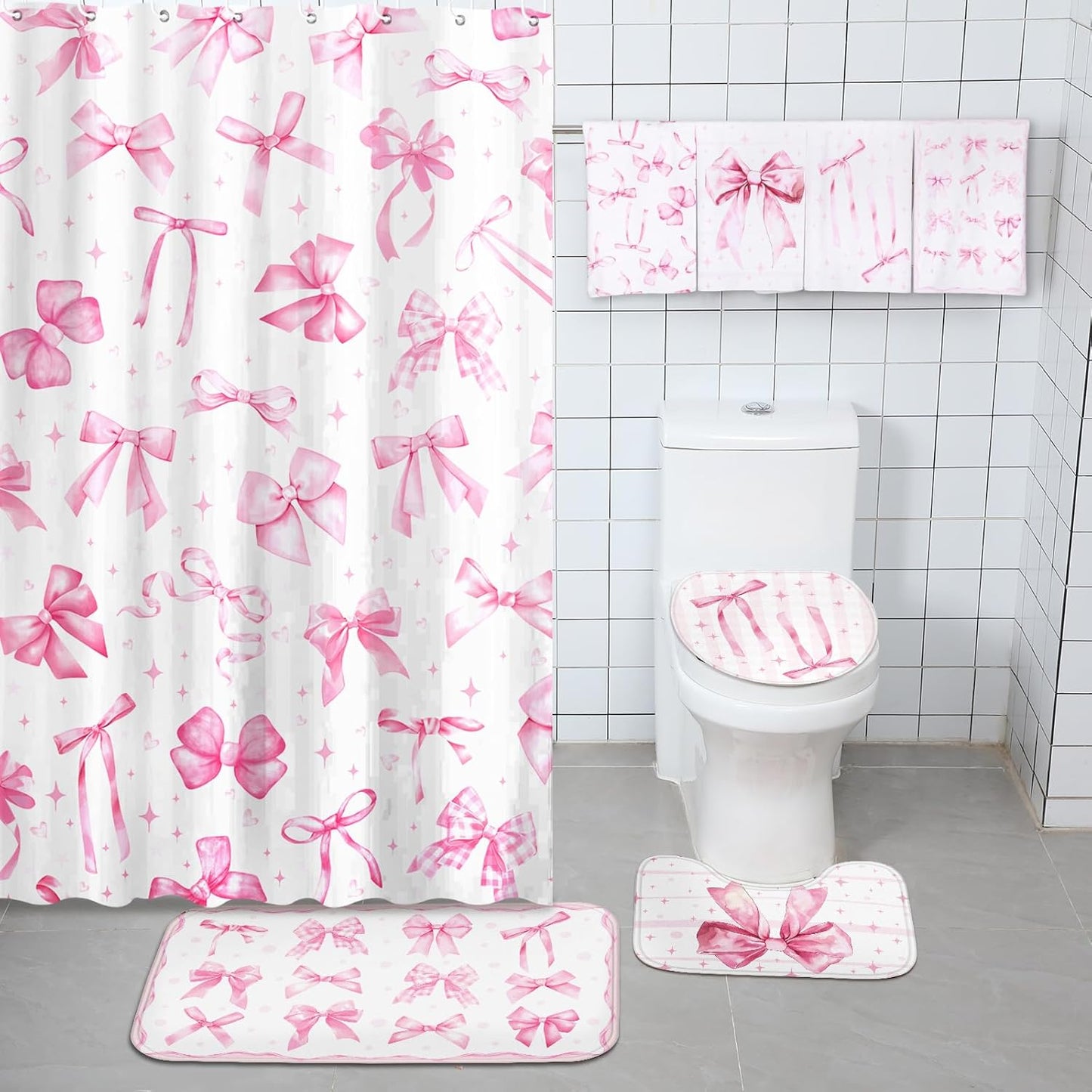 FuWeave 8 Pcs Pink Bow Shower Curtain Sets for Bathroom Decor Cute Coquette Bathroom Accessories Bow Knot Aesthetic Girly Shower Curtain Sets with Towels Carpet Bath Mat Toilet Rugs and 12 Hooks