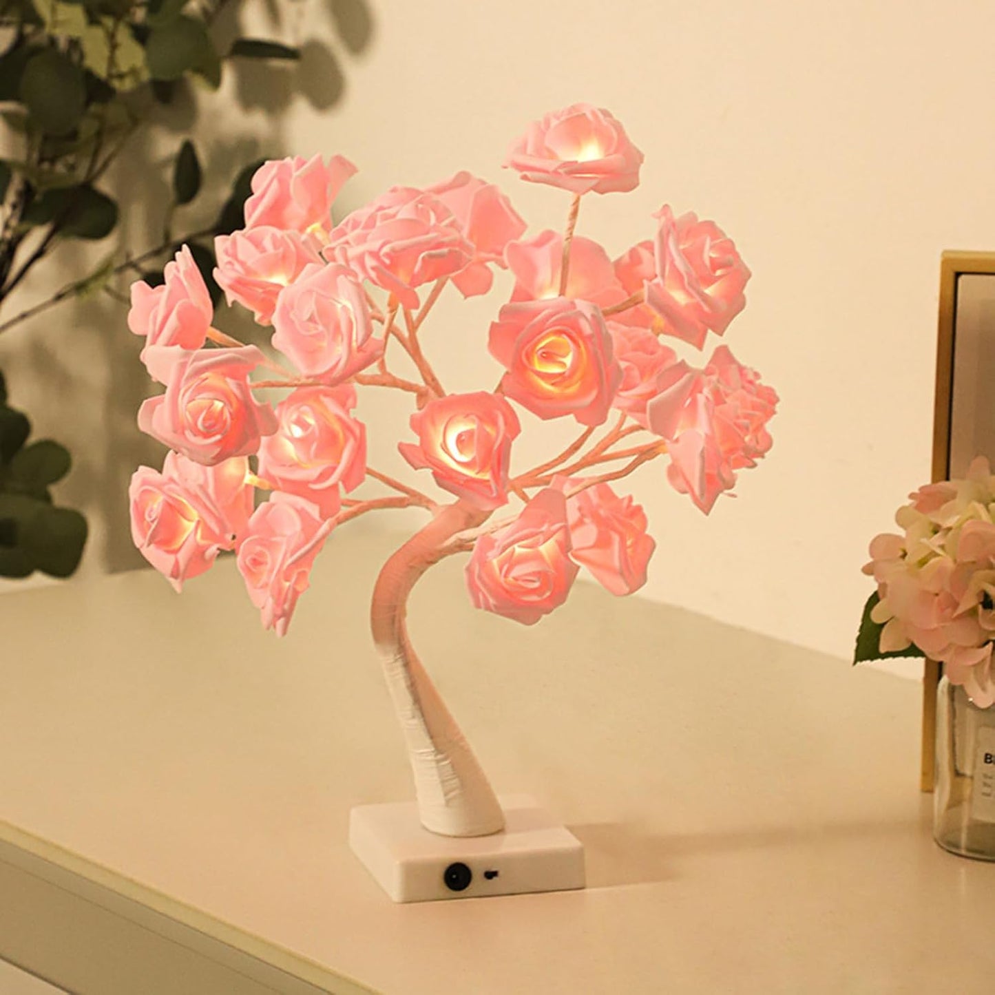 iKenta 18" Tree Table Lamp 24 Pink Artificial Flower Rose,Wedding Light Home Decor Bedside Night Light Battery Powered Pink Table Lamp for Girl Women, Mother's Day, Valentine's Day, Birthday Present